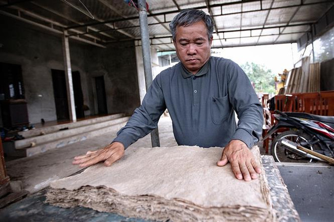 Gia đình nghệ nhân Nguyễn Văn Chúc là 1 trong 5 hộ gia đình duy trì công việc sản xuất giấy Dó tại xóm Suối Cỏ nhiều năm nay và vẫn phát triển mạnh mẽ. (Ảnh: Trọng Đạt/TTXVN) Gìn giữ nghề truyền thống làm giấy dó của người Mường ở Hòa Bình ảnh 2