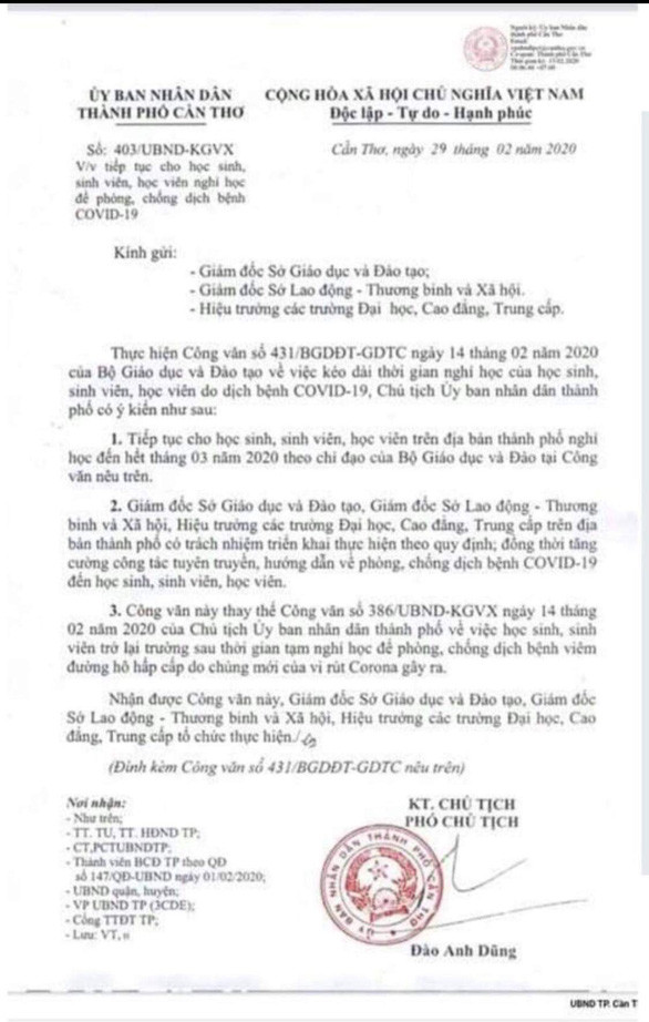 Cần Thơ: Giả mạo công văn cho học sinh nghỉ học hết tháng 3 ảnh 1