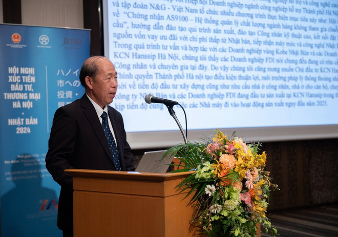 Ông Takayuki Ishida, Tổng Giám đốc Công ty TNHH Tư vấn phát triển công nghiệp hỗ trợ Việt Nam-Nhật Bản phát biểu. (Ảnh: Nguyễn Tuyến/TTXVN) ttxvn_ha noi nhat ban xuc tien dau tu (7).jpg