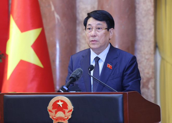 Chủ tịch nước Lương Cường phát biểu. (Ảnh: Lâm Khánh/TTXVN) ttxvn_chu tich nuoc ban giao (4).jpg