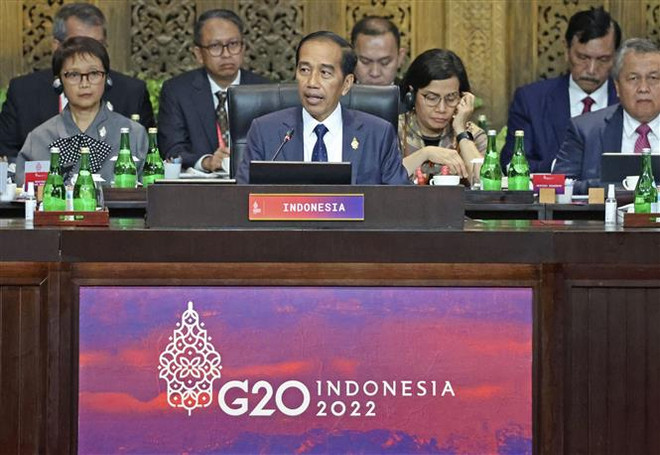 Tổng thống Indonesia Joko Widodo (giữa) phát biểu khai mạc Hội nghị thượng đỉnh Nhóm các nền kinh tế phát triển và mới nổi hàng đầu thế giới (G20) ở Bali. (Ảnh: Kyodo/TTXVN) Indonesia sẵn sàng hỗ trợ sáng kiến Đối tác về cơ sở hạ tầng và đầu tư ảnh 1