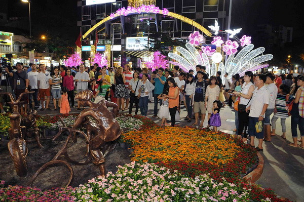 Khách du lịch và người dân tham quan đường hoa Nguyễn Huệ Xuân Bính Thân 2016. (Ảnh: An Hiếu/TTXVN) Đường hoa Nguyễn Huệ 2017 sẽ có chủ đề về khát vọng ngời sáng ảnh 1