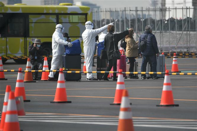 Nhân viên y tế hỗ trợ hành khách sơ tán khỏi du thuyền Diamond Princess tại cảng Yokohama, Nhật Bản. (Ảnh: AFP/TTXVN) Nhật Bản công bố kế hoạch mới nhằm khống chế dịch COVID-19 ảnh 2