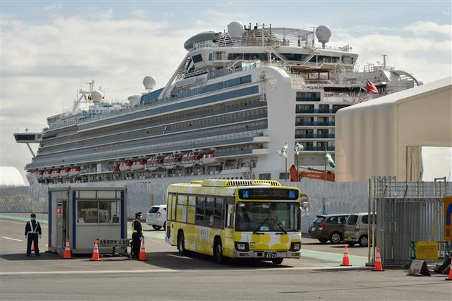 Xe buýt chở hành khách trên du thuyền Diamond Princess rời cảng ở Yokohama, Nhật Bản. (Ảnh: AFP/TTXVN) Thêm một khách trên du thuyền Diamond Princess tử vong vì COVID-19 ảnh 1