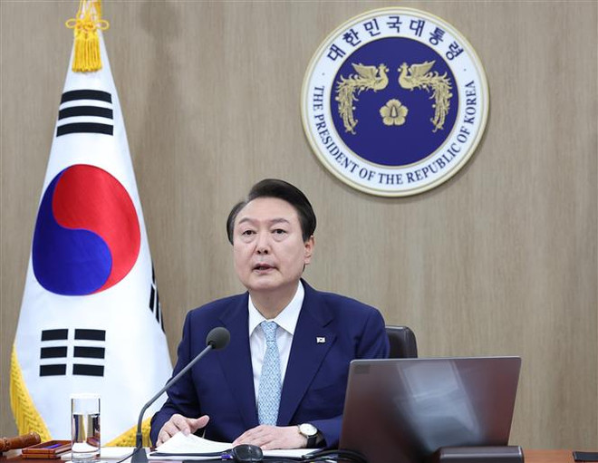 Tổng thống Hàn Quốc Yoon Suk-yeol phát biểu tại cuộc họp nội các ở Seoul. (Ảnh: YONHAP/TTXVN) Kế hoạch chi tiết chuyến thăm Mỹ của Tổng thống Hàn Quốc Yoon Suk-yeol ảnh 1
