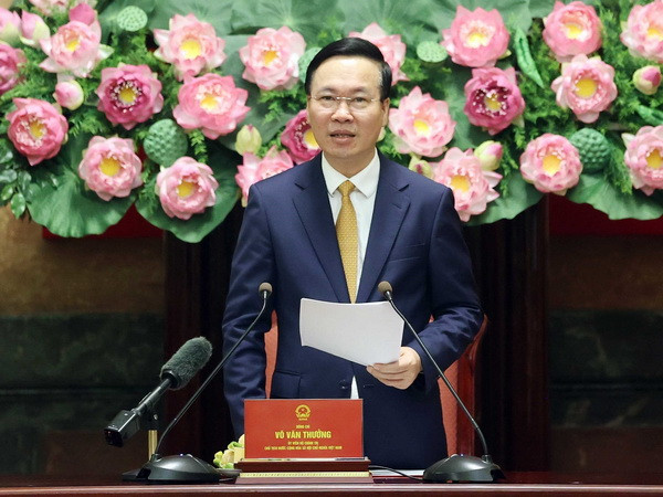 Chủ tịch nước Võ Văn Thưởng phát biểu tại buổi gặp mặt. (Ảnh: Thống Nhất/TTXVN) Chiến dịch Tây Nguyên mở ra thời cơ lớn, làm nên Đại thắng 1975 ảnh 1