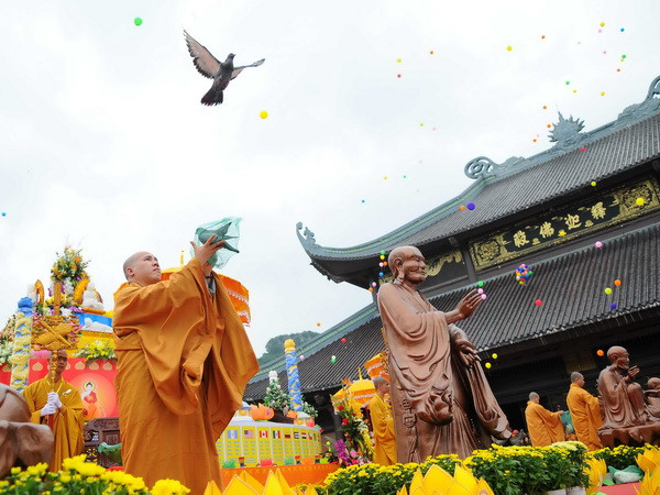 Lễ thả chim bồ câu. (Ảnh: Dương Giang/TTXVN) Ban Chỉ đạo Tây Nguyên mừng lễ Phật đản tại tỉnh Đắk Lắk ảnh 1