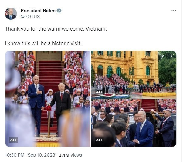 Bài đăng với nội dung cảm kích sự đón tiếp nồng ấm của Việt Nam mà Tổng thống Hoa Kỳ Joe Biden viết trên mạng xã hội X (trước đây là Twitter). (Nguồn: Twitter) Những thanh âm lạc lõng ngược dòng chảy lớn của dân tộc ảnh 2