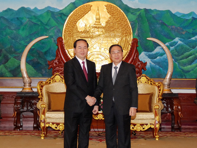 Tổng Bí thư, Chủ tịch nước Lào Chummaly Saynhasone tiếp Đại tướng Trần Đại Quang. (Ảnh: Phạm Kiên/TTXVN) Tăng cường hợp tác giữa Bộ Công an Việt Nam và Bộ An ninh Lào ảnh 1