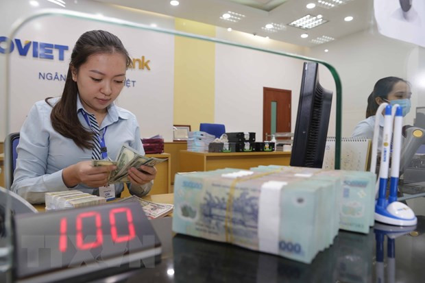 Hoạt động nghiệp vụ tại Ngân hàng TMCP Bảo Việt. (Ảnh: Trần Việt/TTXVN) Lãi suất huy động trái phiếu Chính phủ qua đấu thầu tiếp tục tăng ảnh 1