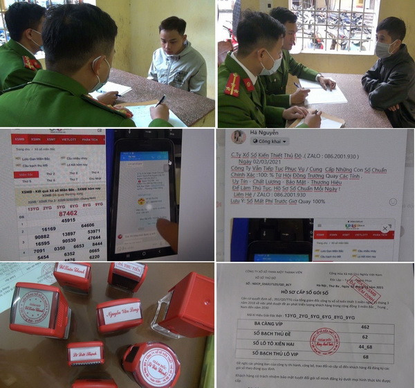 Công an lấy lới khai các đối tượng và thu giữ tang vật vụ án. (Ảnh: TTXVN Phát) Thanh Hóa: Bắt 7 đối tượng lừa bán số lô, số đề trúng thưởng ảnh 2