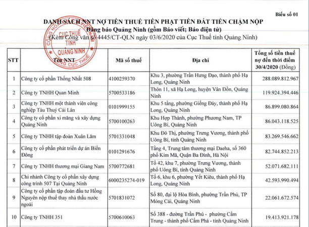 Danh sách gần 400 doanh nghiệp nợ thuế kéo dài. Quảng Ninh công bố gần 400 doanh nghiệp nợ thuế kéo dài ảnh 1