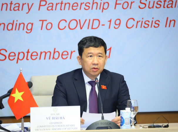 Chủ nhiệm Ủy ban Đối ngoại của Quốc hội Việt Nam Vũ Hải Hà phát biểu. (Ảnh: Nguyễn Điệp/TTXVN) Ủy ban Đối ngoại QH Campuchia-Lào-Việt Nam kêu gọi chia sẻ vaccine ảnh 2