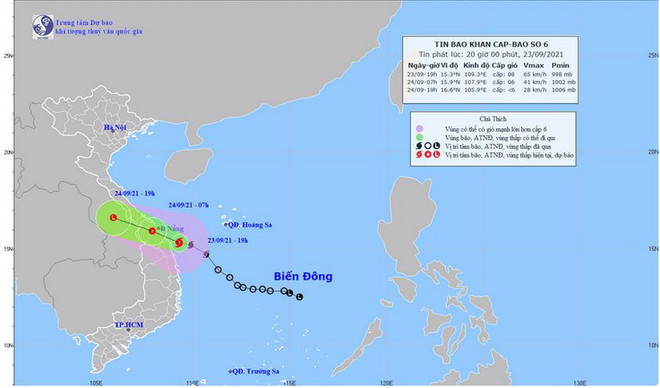Hình ảnh vị trí và đường đi của bão số 6. (Nguồn: nchmf.gov.vn) Bão số 6 vào ngay sát bờ và suy yếu thành áp thấp vào sáng 24/9 ảnh 1