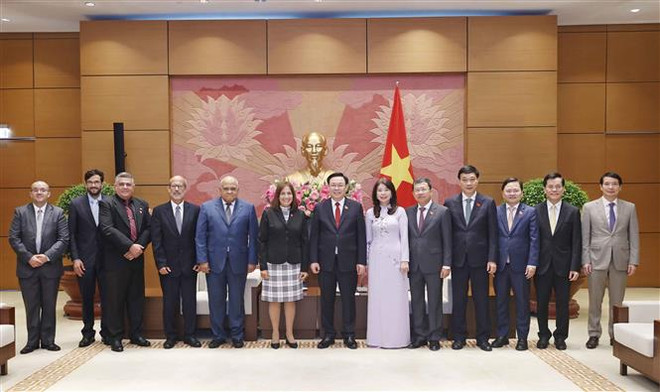 Chủ tịch Quốc hội Vương Đình Huệ chụp ảnh lưu niệm với đại biểu. (Ảnh: Doãn Tấn/TTXVN) Chủ tịch Quốc hội Vương Đình Huệ tiếp Phó Chủ tịch Quốc hội Cuba ảnh 3