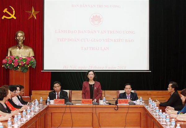 Trưởng Ban Dân vận Trung ương Trương Thị Mai phát biểu tại buổi tiếp. (Ảnh: Nguyễn Dân/TTXVN) Đảng và Nhà nước luôn đánh giá cao đóng góp của kiều bào tại Thái Lan ảnh 2