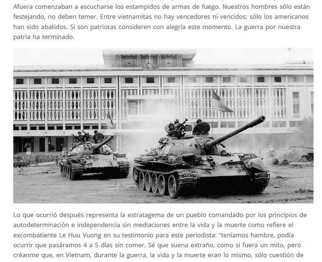 Ảnh chụp màn hình bài báo về Chiến thắng 30/4 của dân tộc Việt Nam đăng trên trang web Đài phát thanh quốc gia Radio Argentina. (Ảnh: Diệu Hương/TTXVN) ttxvn_2704_truyen thong argentina (1).jpg