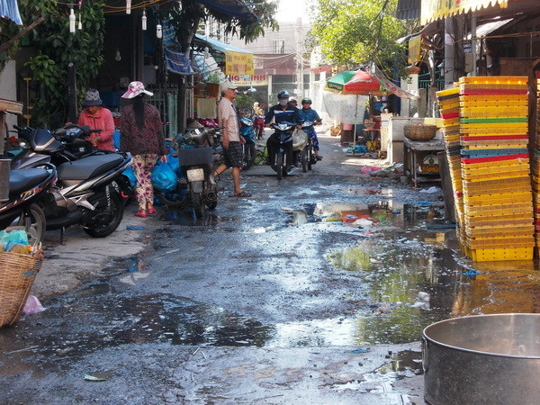 Chợ cá tạm Long Xyên. (Ảnh: Công Mạo/Vietnam+) An Giang: Dân kêu cứu vì chợ cá tạm xả thải ra môi trường ảnh 2