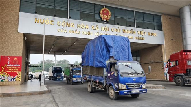 Những lô hàng xuất khẩu đầu tiên qua cửa khẩu quốc tế Lào Cai. (Ảnh: Hương Thu/TTXVN) Lào Cai: Xuất khẩu 5.400 tấn quả vải qua cửa khẩu quốc tế Kim Thành ảnh 1