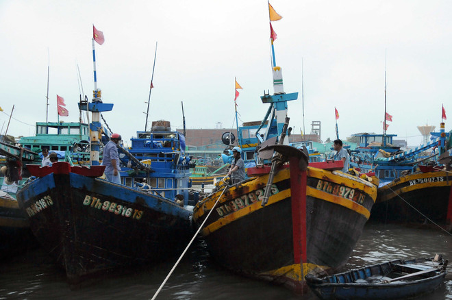 Ngư dân neo đậu chằng chéo tàu thuyền tại cảng cá Phan Thiết, tỉnh Bình Thuận. (Ảnh: An Hiếu/TTXVN) Các tỉnh từ Bình Thuận đến Bến Tre đề phòng có gió giật mạnh ảnh 1