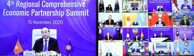 Thủ tướng Nguyễn Xuân Phúc, Chủ tịch ASEAN 2020, chủ trì Hội nghị Cấp cao Hiệp định Đối tác Kinh tế Toàn diện Khu vực (RCEP) lần thứ 4 theo hình thức trực tuyến. (Ảnh: Thống Nhất/TTXVN) Khẳng định vai trò đi đầu của ASEAN ủng hộ thương mại đa phương ảnh 2