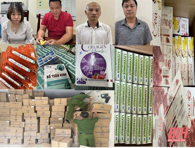 Các đối tượng (từ trái qua phải): Nga, Đôn, Hải, Phúc và tang vật thu được. (Nguồn: Báo Thanh Hóa) Thanh Hóa: Bắt nhóm đối tượng sản xuất thực phẩm chức năng giả ảnh 1