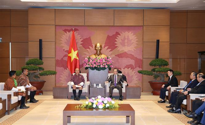 Phó Chủ tịch Phùng Quốc Hiển tiếp Kiểm toán Nhà nước Buhtan Tshering Kezang. (Ảnh: Dương Giang/TTXVN) Kiểm toán Nhà nước Việt Nam và Bhutan tăng cường quan hệ hợp tác ảnh 2