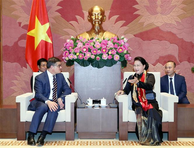 Chủ tịch Quốc hội Nguyễn Thị Kim Ngân tiếp Ngài Boris Rhein, Chủ tịch Nghị viện bang Hessen. (Ảnh: Trọng Đức/TTXVN) Việt Nam đánh giá cao quan hệ hợp tác với các bang của Đức ảnh 1