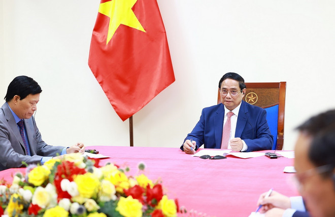 Chiều 29/8, tại Hà Nội, Thủ tướng Phạm Minh Chính điện đàm với Thủ tướng Thái Lan Paetongtarn Shinawatra. (Ảnh: Dương Giang/TTXVN) ttxvn_2908_thu tuong dien dam (1).jpg
