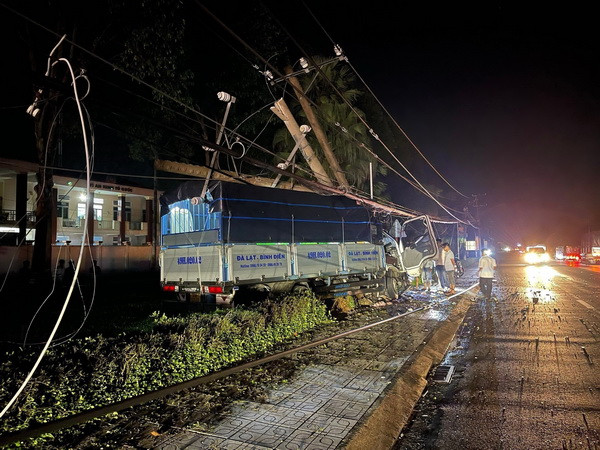 Hiện trường vụ tai nạn. (Ảnh: TTXVN phát) Đồng Nai: Xe tải đâm gãy trụ điện trung thế, hơn 8.600 hộ dân mất điện ảnh 1