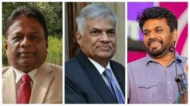 (Từ trái sang): Chân dung các ứng cử viên Tổng thống Sri Lanka Dullas Alahapperuma, Ranil Wickremesinghe và Anura Kumara Dissanayake. (Ảnh: Times of India/TTXVN) Quốc hội của Sri Lanka tiến hành bầu tổng thống mới ảnh 1