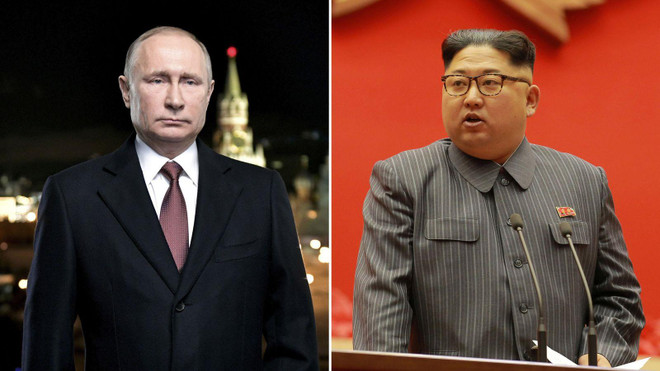 Tổng thống Vladimir Putin và nhà lãnh đạo Triều Tiên Kim Jong-un. (Nguồn: news.sky.com) Nhiều thông tin về hoạt động xúc tiến cuộc gặp thượng đỉnh Nga-Triều ảnh 1