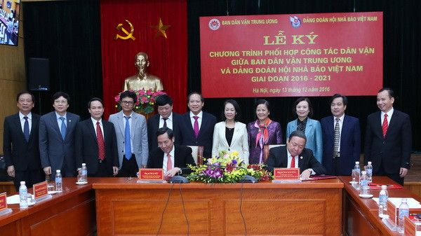 Lễ ký chương trình phối hợp công tác dân vận giữa Ban Dân vận Trung ương và Đảng đoàn Hội Nhà báo giai đoạn 2016-2021. (Ảnh: Phương Hoa/TTXVN) Phối hợp công tác giữa Ban Dân vận Trung ương và Đảng đoàn Hội Nhà báo ảnh 1