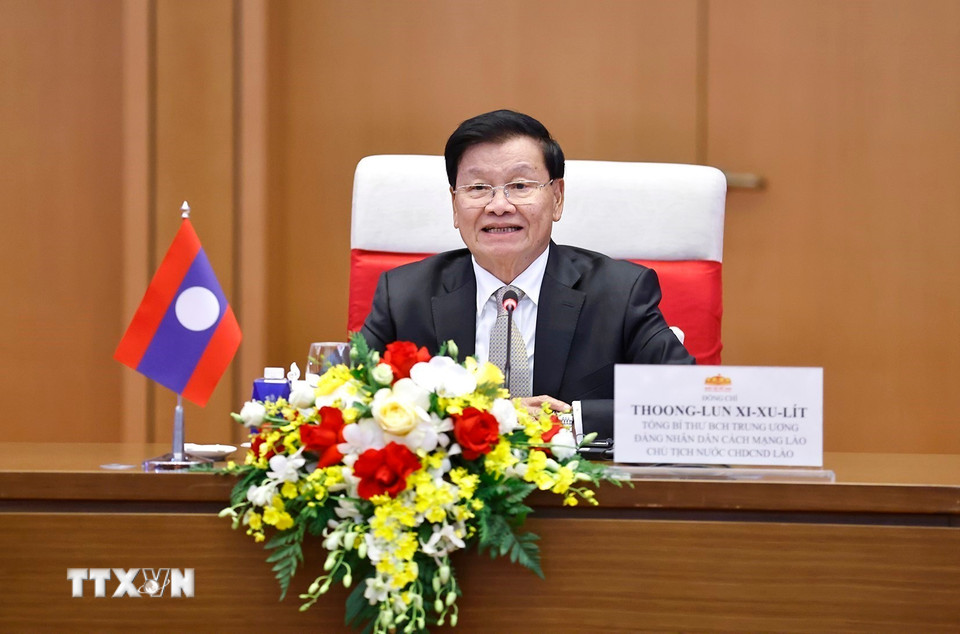 Tổng Bí thư, Chủ tịch nước Lào Thongloun Sisoulith phát biểu. (Ảnh: Doãn Tấn/TTXVN)