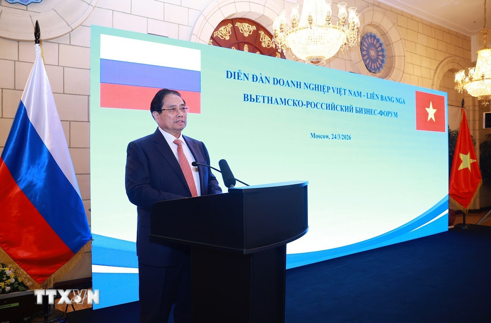 Thủ tướng Phạm Minh Chính phát biểu tại Diễn đàn doanh nghiệp Việt Nam-Liên bang Nga. (Ảnh: Dương Giang/TTXVN)