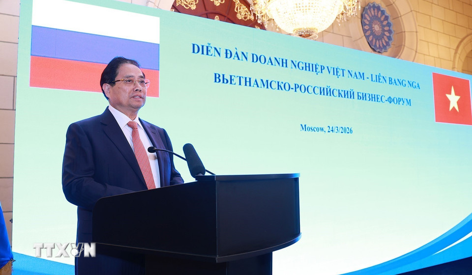 Thủ tướng Phạm Minh Chính phát biểu tại Diễn đàn doanh nghiệp Việt Nam-Liên bang Nga. (Ảnh: Dương Giang/TTXVN)
