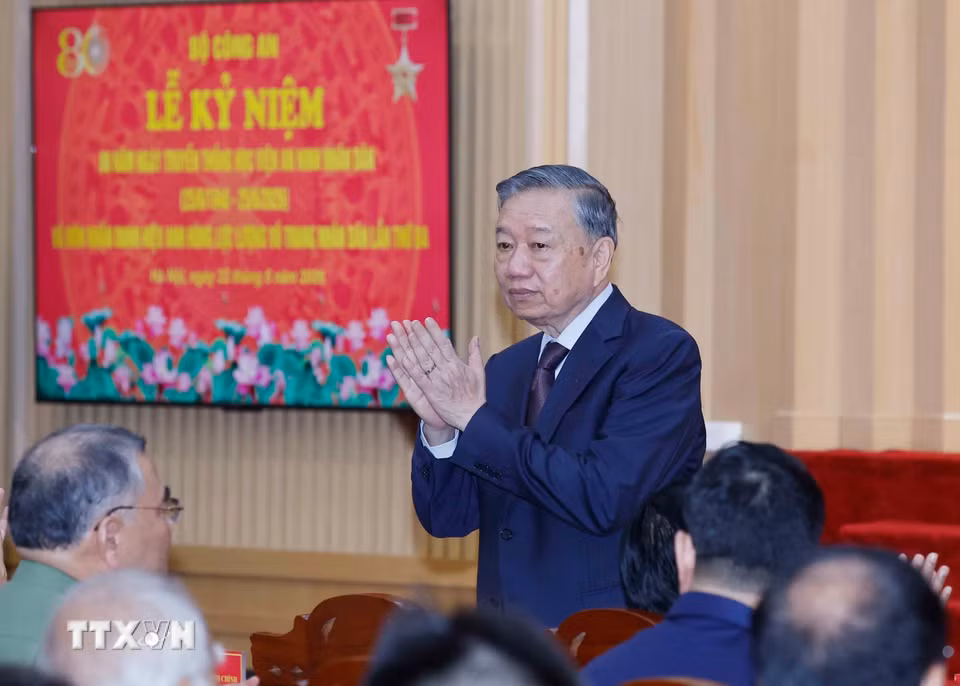 Tổng Bí thư, Chủ tịch nước Tô Lâm dự Lễ kỷ niệm 80 năm Ngày truyền thống Học viện An ninh nhân dân. (Ảnh: Phạm Kiên/TTXVN)