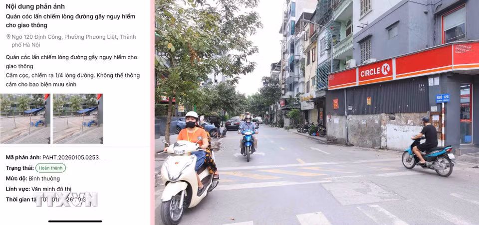 Qua các ứng dụng công nghệ, ngay sau khi nhận được phản ánh của người dân về tình trạng lấn chiếm lòng đường làm nơi kinh doanh tại khu vực ngõ 120 Định Công, lực lượng Công an phường Phương Liệt đã tiếp nhận và giải quyết triệt để tình trạng trên. (Ảnh: Phạm Kiên/TTXVN)