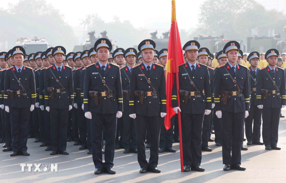 Các lực lượng tham gia Lễ xuất quân, diễn tập phương án bảo đảm an ninh, trật tự Đại hội đại biểu toàn quốc lần thứ XIV của Đảng. (Ảnh: Phương Hoa/TTXVN)