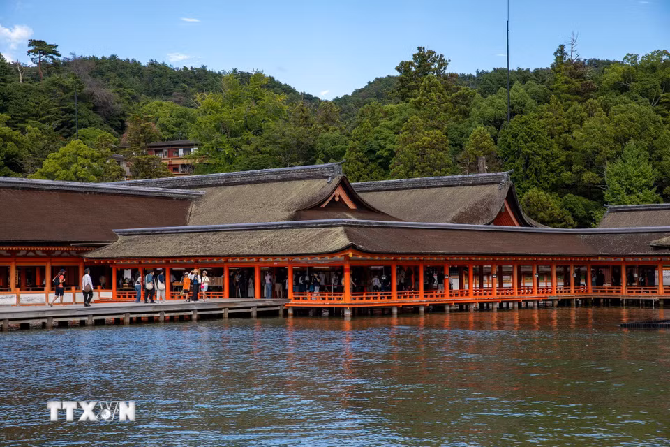 Điểm làm nên sự khác biệt của Itsukushima là ngôi đền không được xây dựng hoàn toàn trên đất liền mà trải rộng trên vùng nước ven đảo. (Ảnh: Xuân Giao/TTXVN)