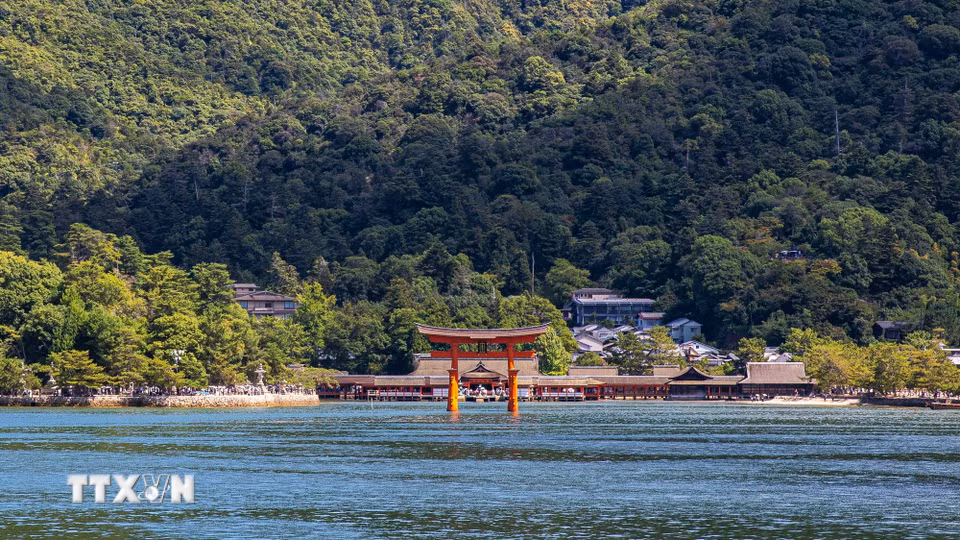 Hướng nhìn tổng thể đền Itsukushima và cánh cổng Torii trên phà từ đất liền ra đảo Miyajima. (Ảnh: Xuân Giao/TTXVN)