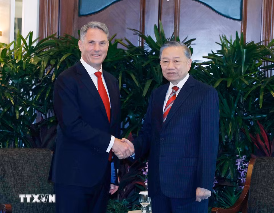 Tổng Bí thư, Chủ tịch nước Tô Lâm tiếp Phó Thủ tướng, Bộ trưởng Quốc phòng Australia Richard Marles. (Ảnh: Thống Nhất/TTXVN)