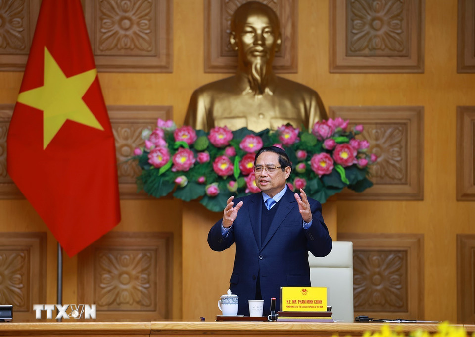 Thủ tướng Phạm Minh Chính phát biểu tại buổi tiếp Đoàn các tổ chức, doanh nghiệp của Nhật Bản. (Ảnh: Dương Giang/TTXVN)