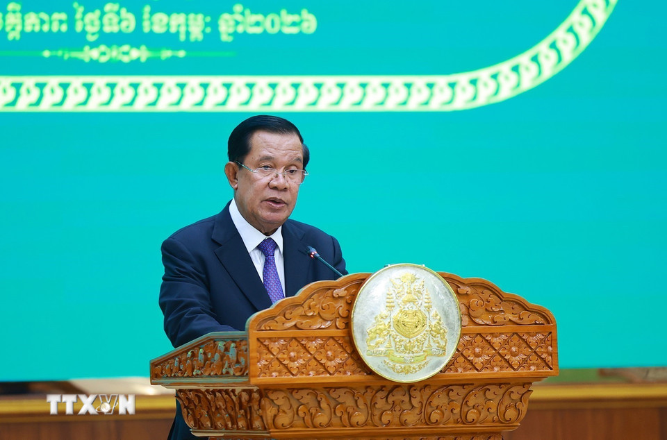 Chủ tịch Đảng Nhân dân Campuchia Samdech Techo Hun Sen phát biểu chào mừng. (Ảnh: Dương Giang/TTXVN)