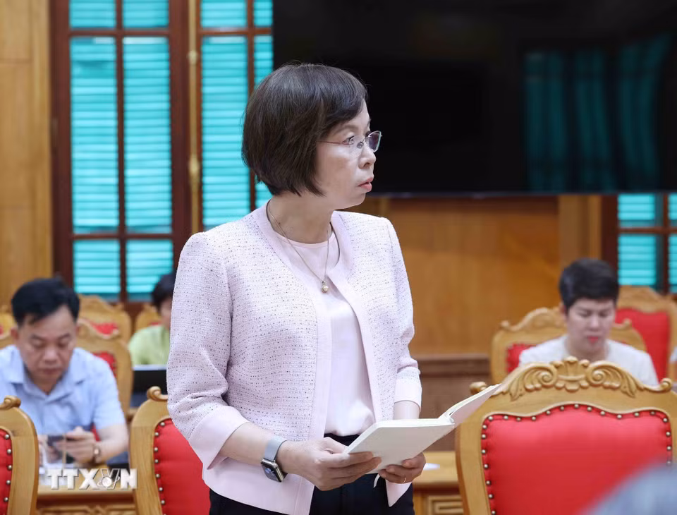 Đồng chí Vũ Việt Trang, Ủy viên Ban Thường vụ Đảng ủy các cơ quan Đảng Trung ương, Bí thư Đảng ủy, Tổng Giám đốc Thông tấn xã Việt Nam phát biểu tại hội nghị. (Ảnh: Phương Hoa/TTXVN)