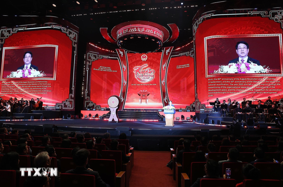 Chủ tịch nước Lương Cường phát biểu chúc Tết kiều bào. (Ảnh: Lâm Khánh/TTXVN)