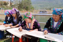 Nghệ thuật vẽ sáp ong trên vải được đồng bào Mông (Tuyên Quang) tích cực gìn giữ, trao truyền từ đời này qua đời khác. (Ảnh: Nguyễn Oanh/TTXVN)