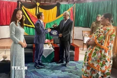 Đại sứ Việt Nam tại Australia kiêm nhiệm Vanuatu Phạm Hùng Tâm và phu nhân (trái) trong Lễ trình quốc thư. (Ảnh: TTXVN phát)