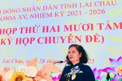 Bí thư Tỉnh ủy, Chủ tịch Hội đồng Nhân dân, Trưởng Đoàn Đại biểu Quốc hội tỉnh Lai Châu Giàng Páo Mỷ phát biểu. (Ảnh: TTXVN phát)