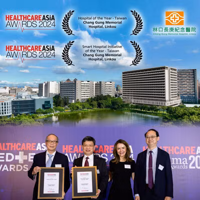 Chang Gung Memorial Hospital, Linkou, Taiwan, garnered two esteemed awards at the Healthcare Asia Awards 2024. The awards were received by President Chien-Tzung Chen (first from the left), Professor Tse-Ching Chen (second from the left) for Digital Pathology, and Professor Chih-Hsiang Chang (first from the right) for Intelligent Hemodialysis (courtesy of Chang Gung Memorial Hospital, Linkou).